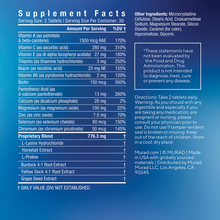 Supplement facts label with detailed nutritional information on a blue background