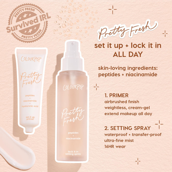 Set It Up Pretty Fresh Primer stands upright on a soft-peach background beside a matching lock it in setting spray; ColourPop Pretty Fresh Primer packaging spotlights peptides and niacinamide for a weightless, airbrushed base.
