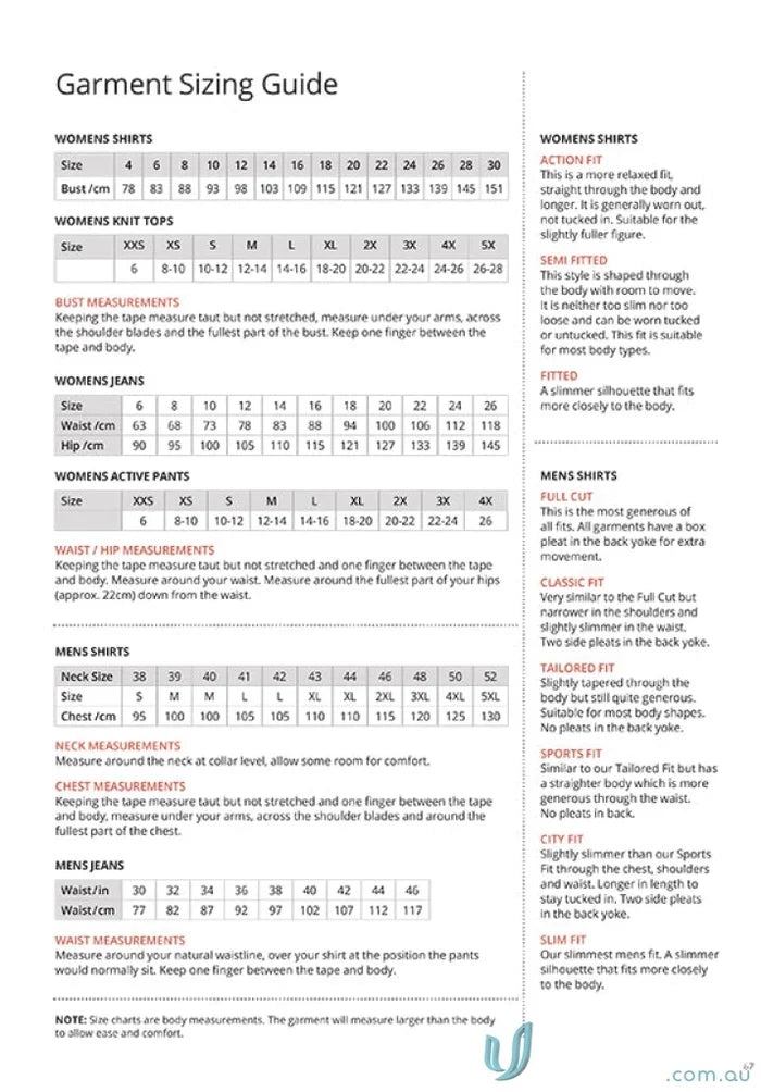 Garment sizing guide.