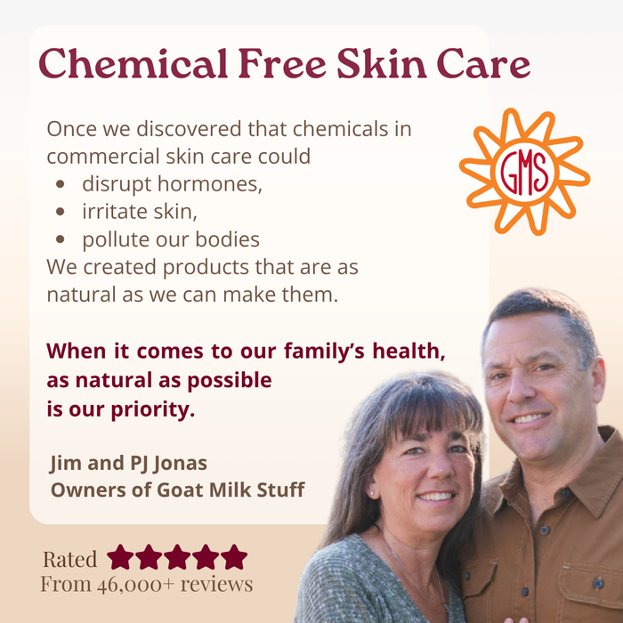 Advertisement for chemical-free skin care with a couple and the GMS logo.
