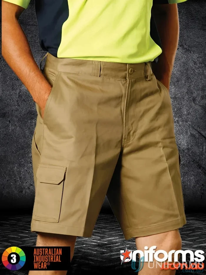 Khaki cargo shorts with side pocket and belt loops, perfect for a slouch hat or sun hat style
