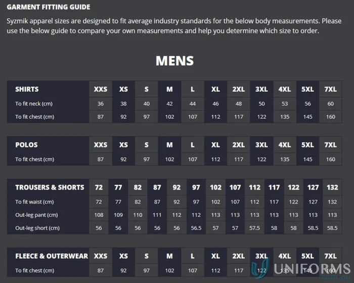 Mens plain utility shorts fitting guide for Syzmik mens plain workwear