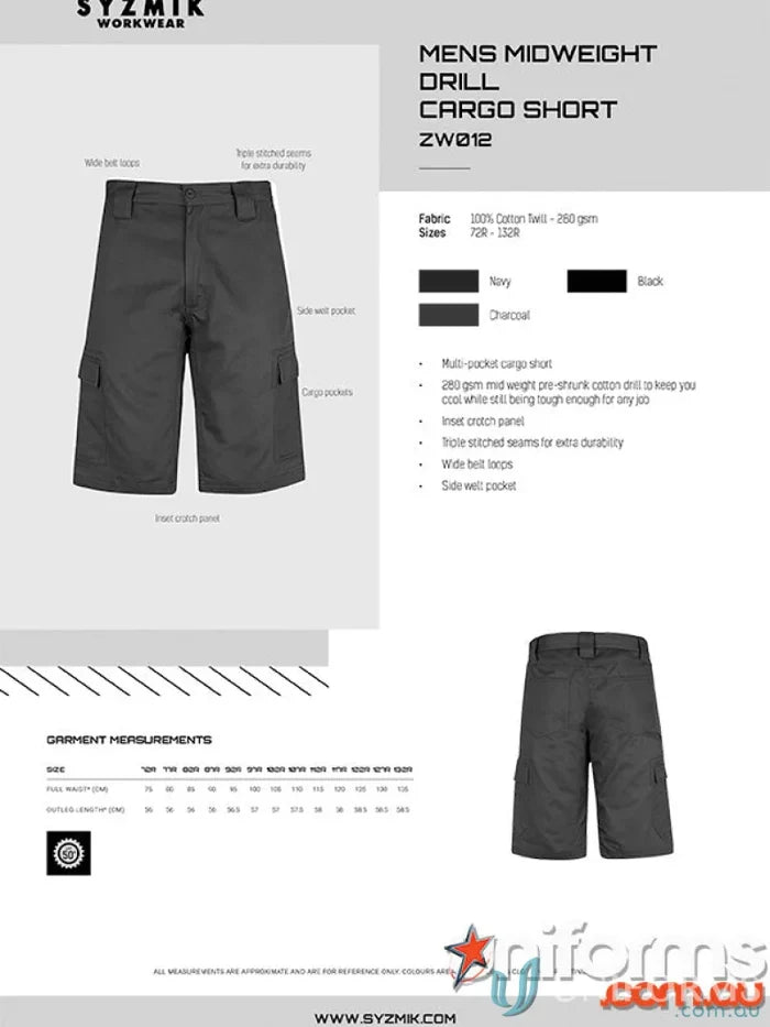 Syzmik Mens Midweight Drill Cargo Short Zw012 for casual comfort and style