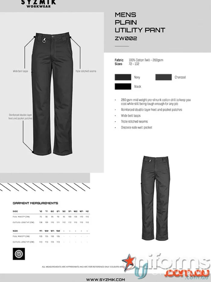 Syzmik Mens Plain Utility Pants zw002 with wide belt loops for casual style