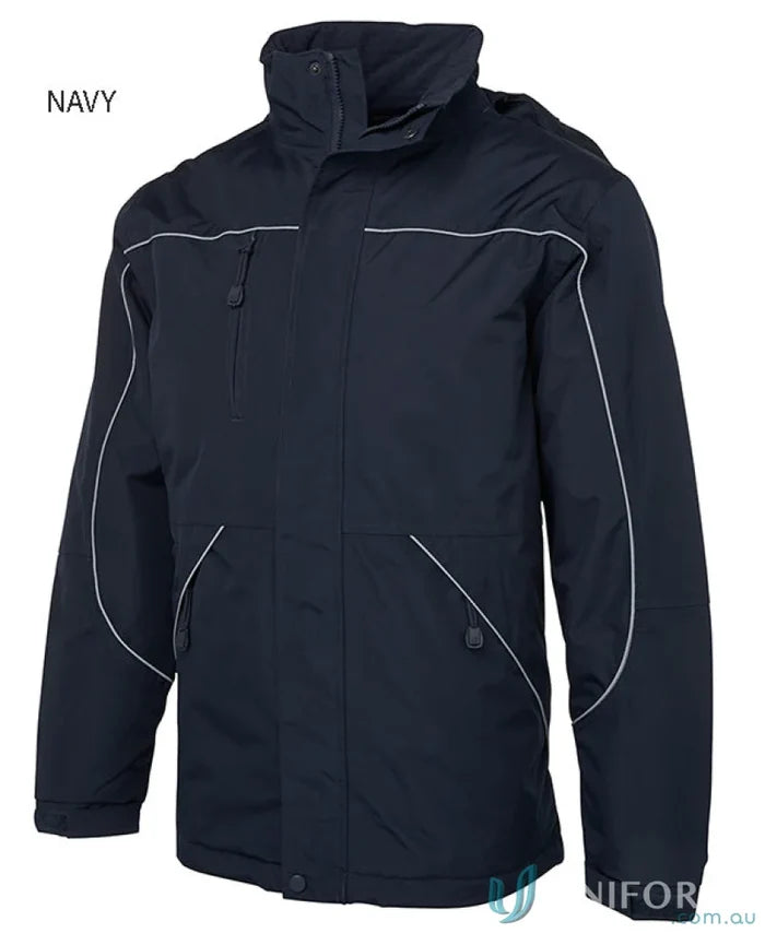 Navy blue JBs Tempest Jacket with white trim and sealed seams for style and durability