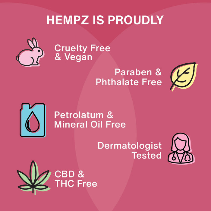 Hempz product line features with icons and text on a pink background