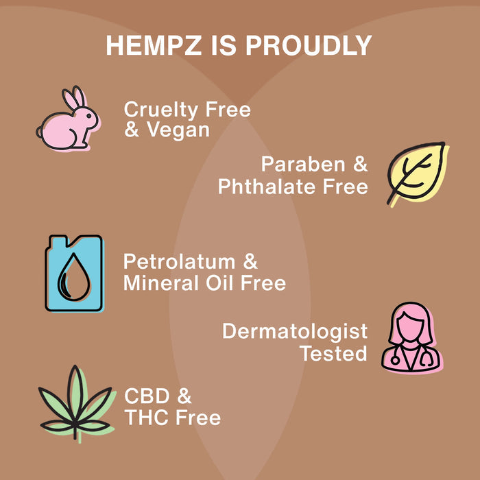 Hempz product label with icons and text on a brown background