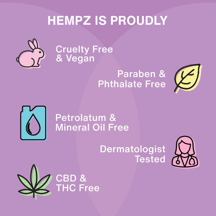 Hempz product features on a purple background with icons and text.