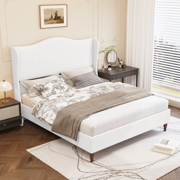 Wingback Platform Bed with White Headboard King Size