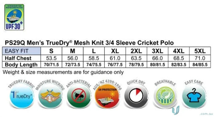 Mens polo shirt size chart for Winning Spirit 3Qtr Cricket Polo made with Truedry® Cotton