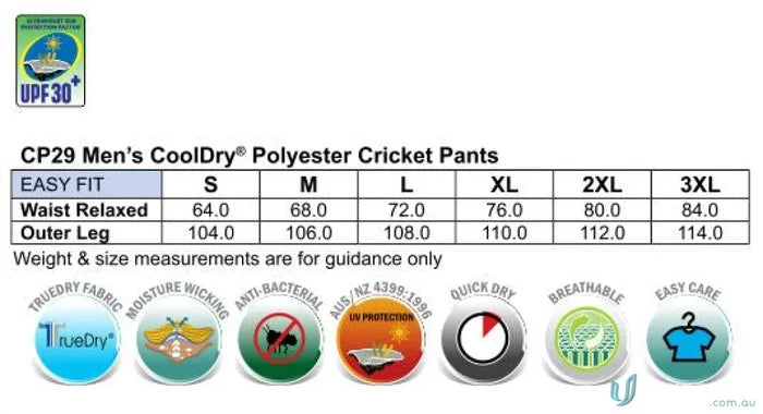 Mens cricket pants size chart and features of Winning Spirit CoolDry Cricket Pants CP29