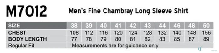 Mens shirt size chart for Winning Spirit Mens Fine Chambray L/S Shirt m7012 mens fine chambray long sleeve style
