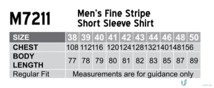 Mens fine stripe short sleeve shirt size chart for Winning Spirit Mens Shirt