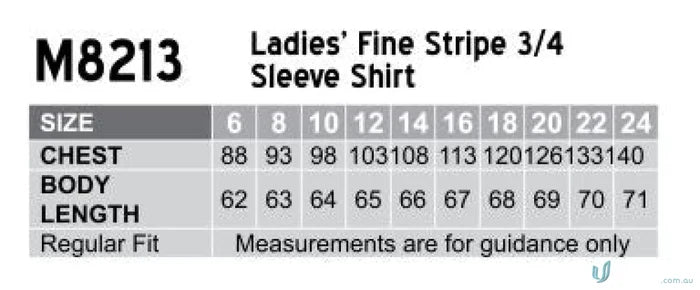 Ladies shirt size chart for Winning Spirit womens fine stripe 3Qtr shirt