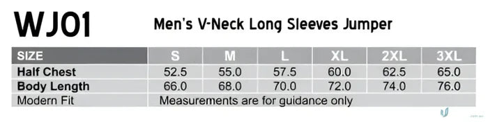 Mens V-Neck Long Sleeves Jumper size chart for Winning Spirit Wool Acrylic Knit Jumper