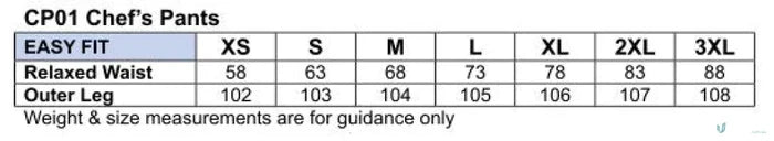 Size chart for Winning Spirit CP01 Chefs Pants with elastic waistband and patch pocket