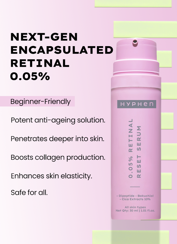Hyphen 0.05% Retinal Reset Serum - key ingredient breakdown infographic