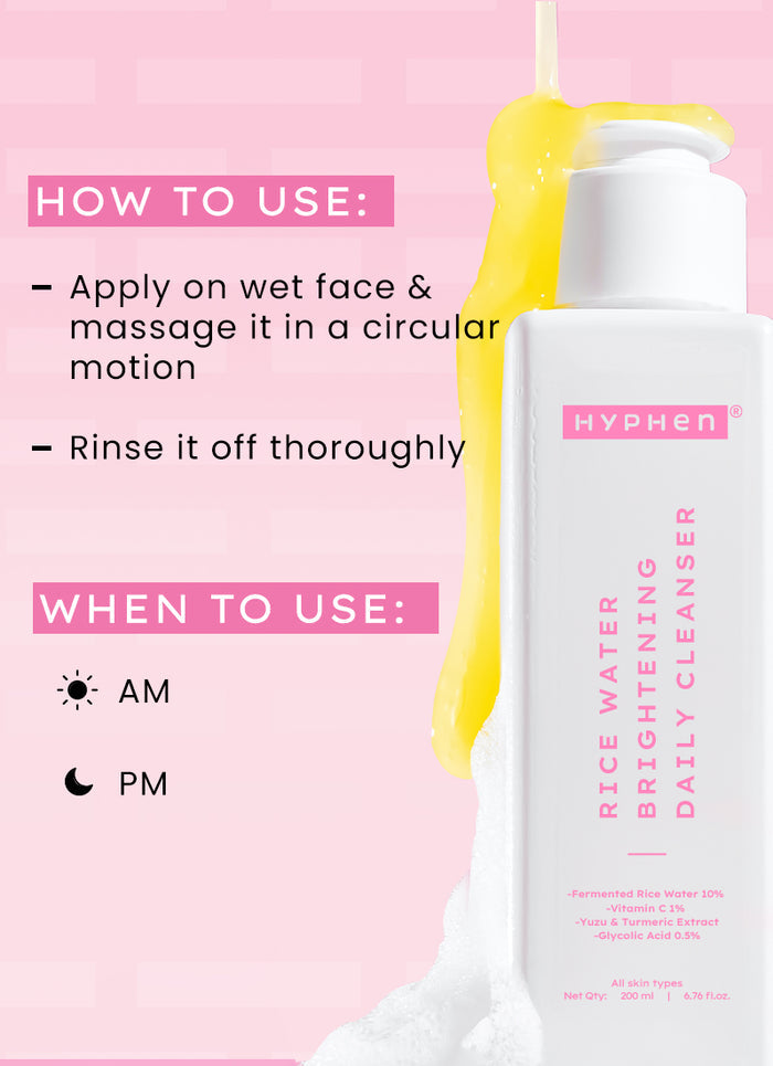 Hyphen 10% Fermented Rice Water Cleanser - 1% VIT C & 0.5% Glycolic Acid - skin concern targeting infographic