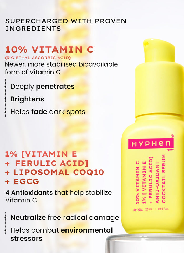 Hyphen 10% Vitamin C Serum with 1% [vitamin E + Ferulic Acid] - key ingredient breakdown infographic