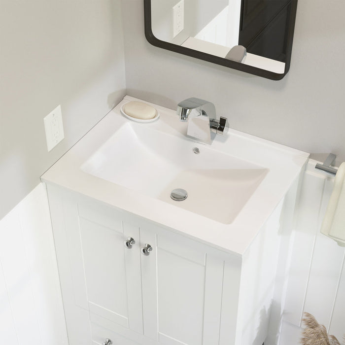 Bathroom vanity with sink and mirror in a modern bathroom setting