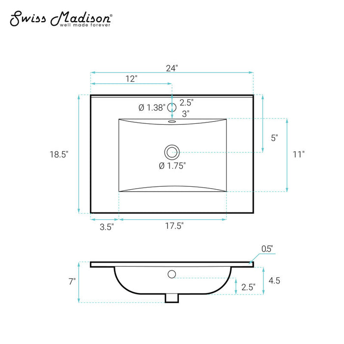 Technical drawing of a sink with dimensions labeled, featuring the Swiss Madison brand.