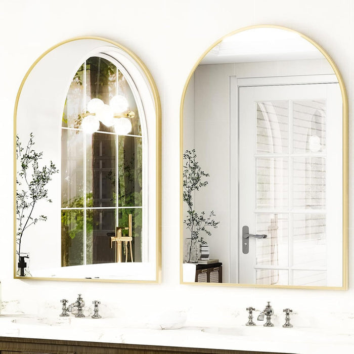 30" x 40" arched wall mirror, gold and black aluminum alloy frame, perfect for the bathroom, living room, bedroom, and entryway