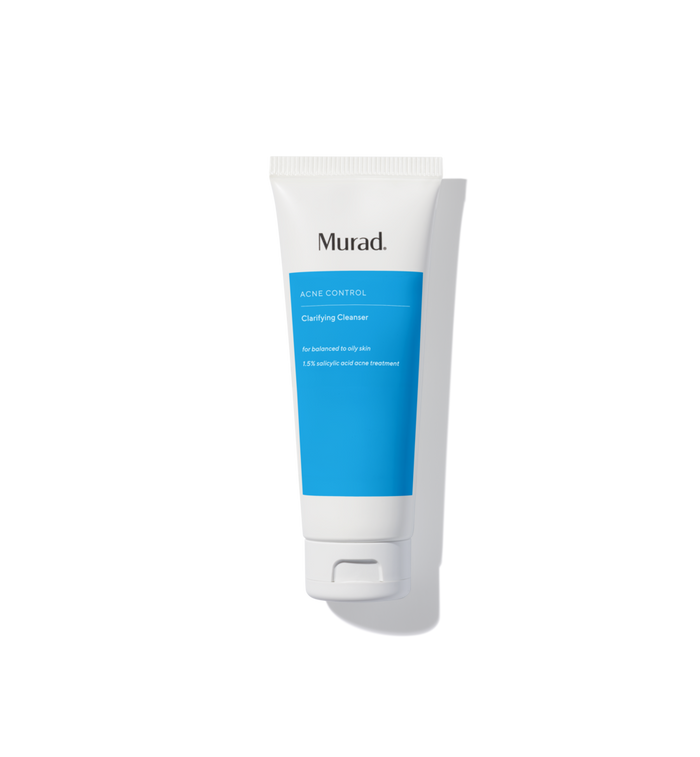 A white squeeze tube of Murad Acne Control Cleansing Cleanser with a bright blue label block, shown on a clean white background with a soft shadow.