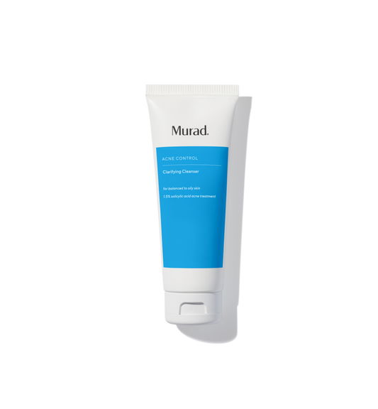 A white squeeze tube of Murad Acne Control Cleansing Cleanser with a bright blue label block, shown on a clean white background with a soft shadow.