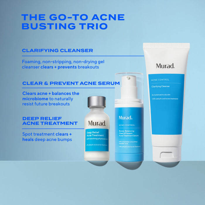 Murad acne treatment products on a light blue background with product descriptions.