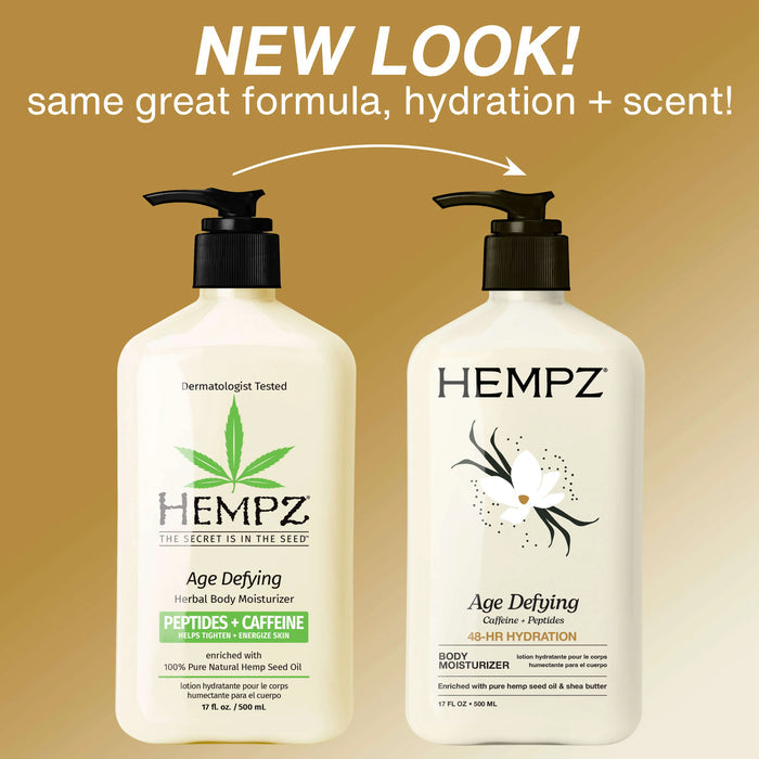 Two Hempz Age Defying Herbal Body Moisturizers on a beige background with text about new look and formula.