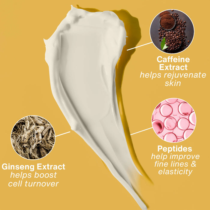 Skincare product with caffeine, ginseng, and peptide extracts on a yellow background