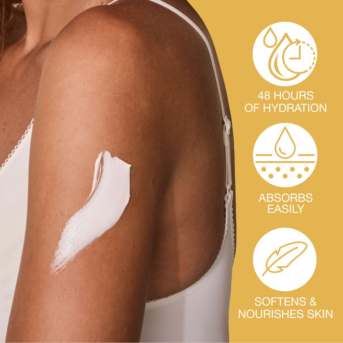 Woman applying lotion to her arm with product benefits displayed on a yellow background