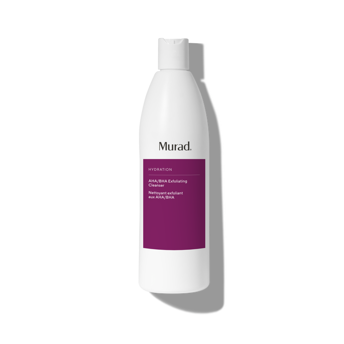A white bottle of Murad Hydration Ana/Brava Exfoliating Cleanser with a prominent purple label, shown on a white background with a soft shadow.