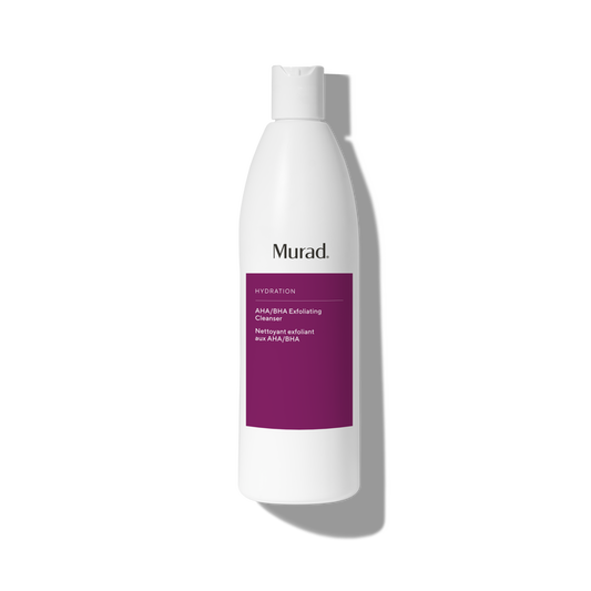 A white bottle of Murad Hydration Ana/Brava Exfoliating Cleanser with a prominent purple label, shown on a white background with a soft shadow.