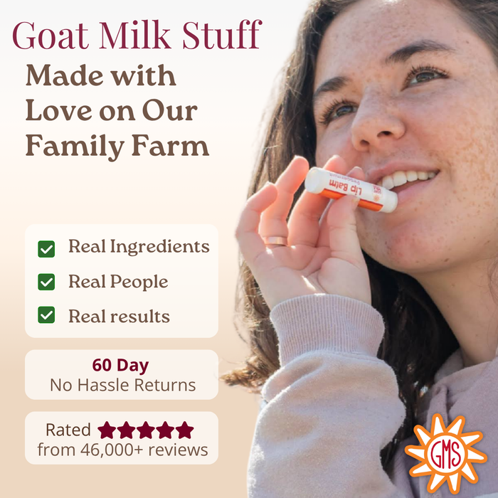 Woman using a lip balm with text about goat milk stuff on a farm.