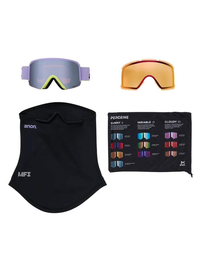 Product image of Anon Nesa S Goggles + Bonus Lens + MFI® Face Mask[Variant:Frame: Hyper Lilac, Lens: Perceive Sunny Onyx (6% / S4), Spare Lens: Perceive Cloudy Burst (59% / S1)]