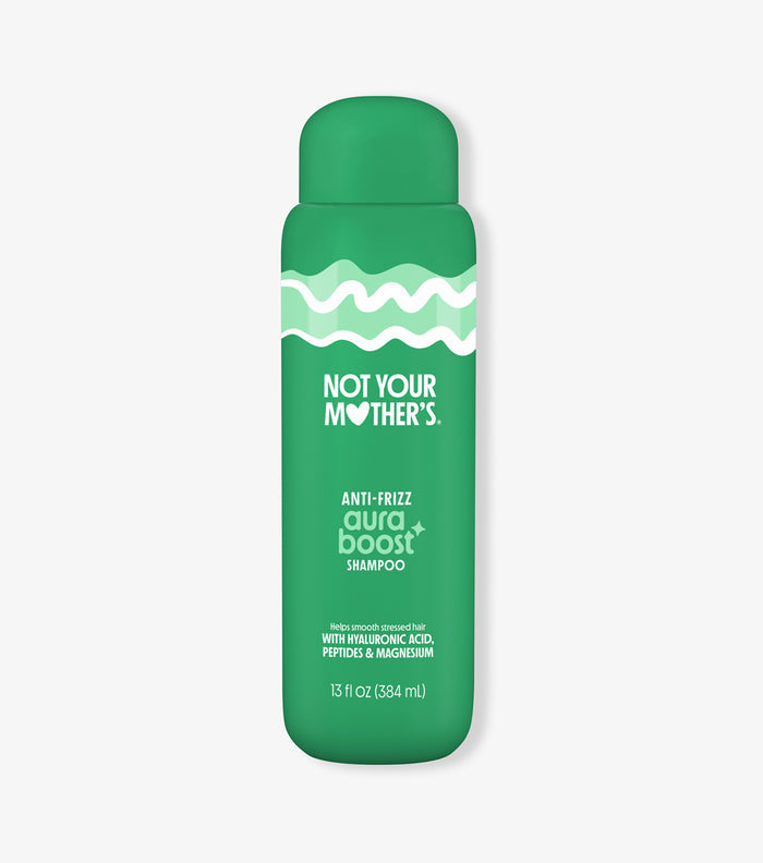 Green bottle of Not Your Mother's aura boost anti-frizz shampoo