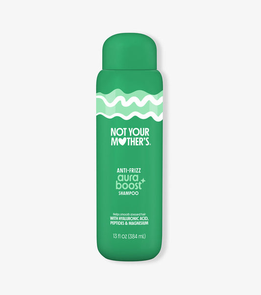 Green bottle of Not Your Mother's aura boost anti-frizz shampoo