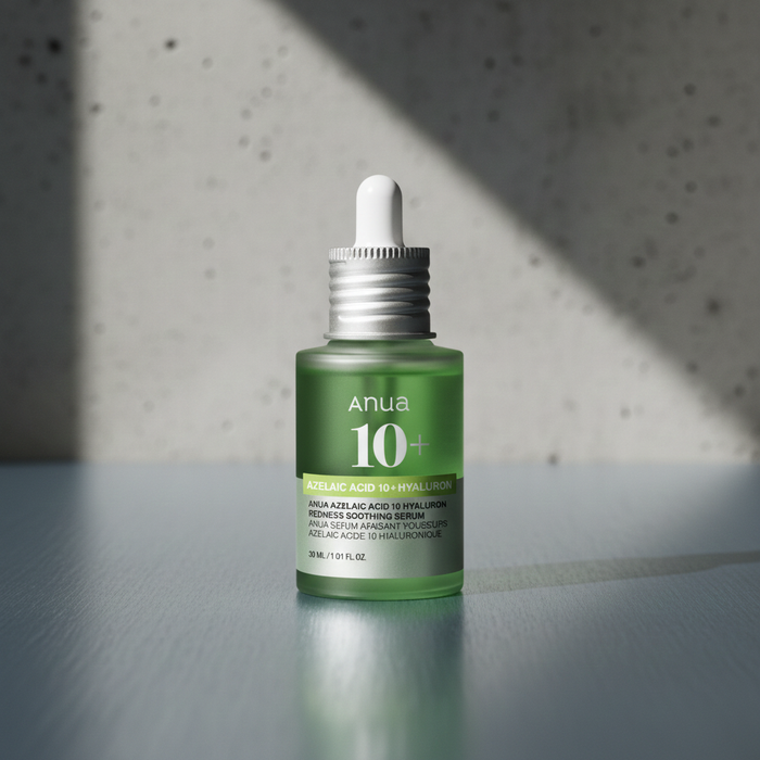 Green skincare serum bottle with dropper on a gray surface and textured wall background