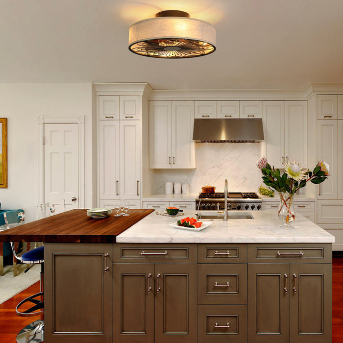 Modern kitchen with marble island, wooden countertop, and stainless steel appliances.