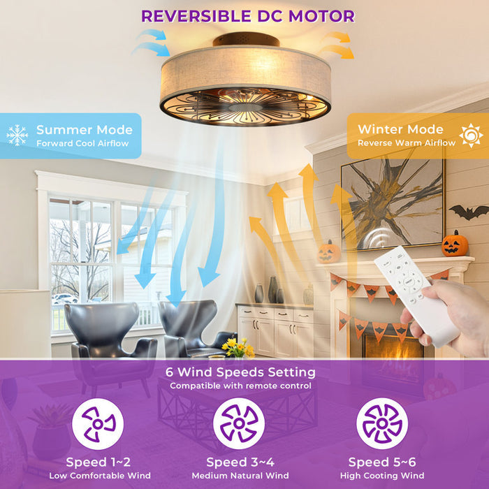 Ceiling fan with reversible DC motor in a living room setting, showing summer and winter modes.