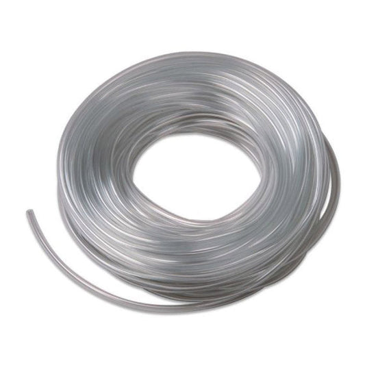 A clear, flexible tube is coiled tightly, forming a ring shape. One end extends slightly outside the ring against a white background.