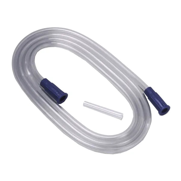 A clear plastic tube, coiled, with dark blue connectors at each end, lies on a white background; a small, separate, metallic piece is also present.