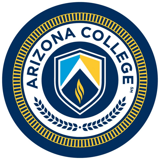 A circular logo displays the words "ARIZONA COLLEGE℠" around a central shield with blue, gold, and a flame; it is enclosed by a gold and white ring with wheat stalks at its base.
