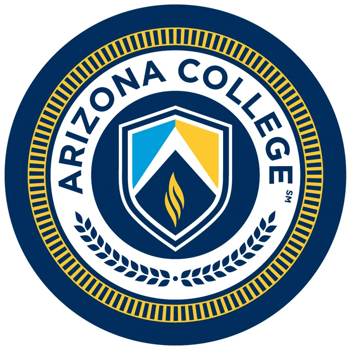 A circular logo displays the words “ARIZONA COLLEGE℠” surrounding a shield with blue, yellow, and a flame. Wheat stalks frame the shield.