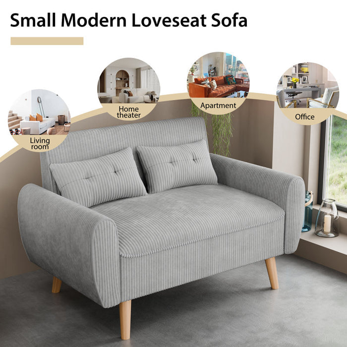 Gray loveseat sofa with wooden legs in a room setting, labeled 'Small Modern Loveseat Sofa'.