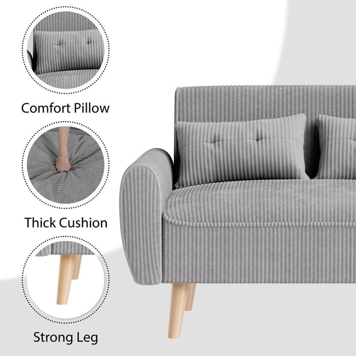 Gray sofa with close-up details of comfort pillow, thick cushion, and strong leg on a white background.