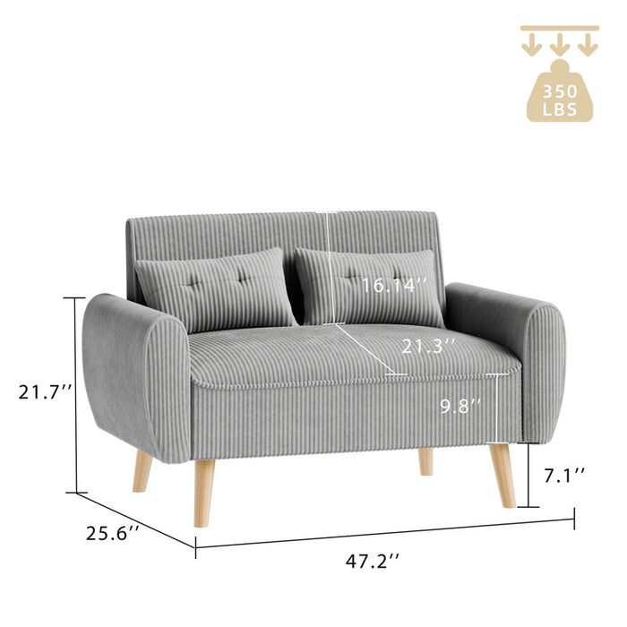 Gray sofa with dimensions and weight capacity on a white background