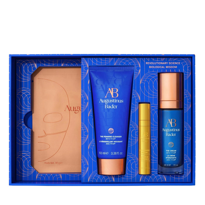 Augustinus Bader Luminous Hydration Collection gift set with cleanser, serum, cream, and skincare refills