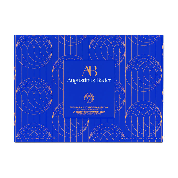 Augustinus Bader The Luminous Hydration Collection gift box in blue with gold geometric pattern